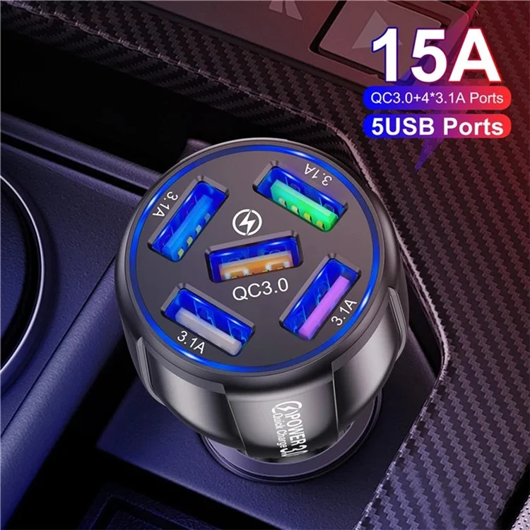 BK-359 Cinco Puertos de Carga Cargador de Automóvil QC 3.0 Adaptador de Potencia de Carga Rápida de Automóviles USB - Negro