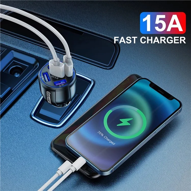 BK-359 Five Charging Ports Car Charger QC 3.0 USB Fast Car Charging Power Adapter - Black