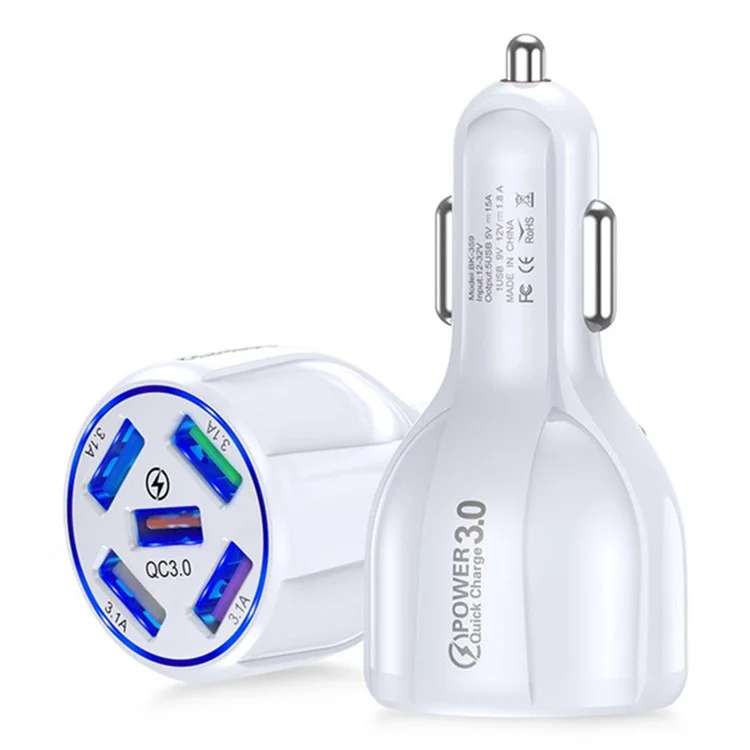 BK-359 Fünf Ladeanschlüsse Auto Ladegerät QC 3.0 USB Fast Car Lading Power Adapter - Weiß