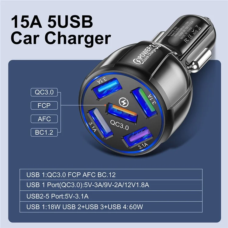 BK-359 Fünf Ladeanschlüsse Auto Ladegerät QC 3.0 USB Fast Car Lading Power Adapter - Weiß