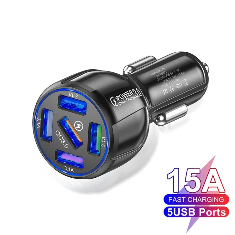 BK-359 Fünf Ladeanschlüsse Auto Ladegerät QC 3.0 USB Fast Car Lading Power Adapter - Weiß