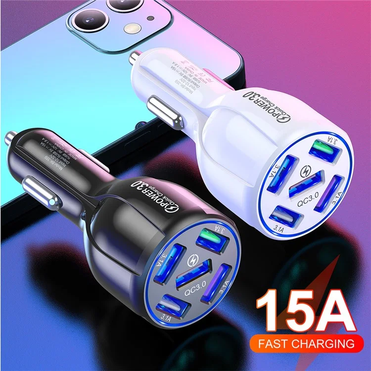 BK-359 Fünf Ladeanschlüsse Auto Ladegerät QC 3.0 USB Fast Car Lading Power Adapter - Weiß