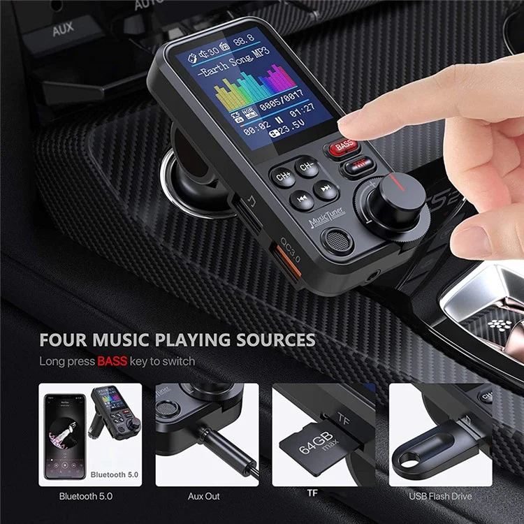 1.8 inch Screen Dual USB QC3.0 Car Charger FM Transmitter Bluetooth-compatible MP3 Music Player Phone Fast Charging Adapter