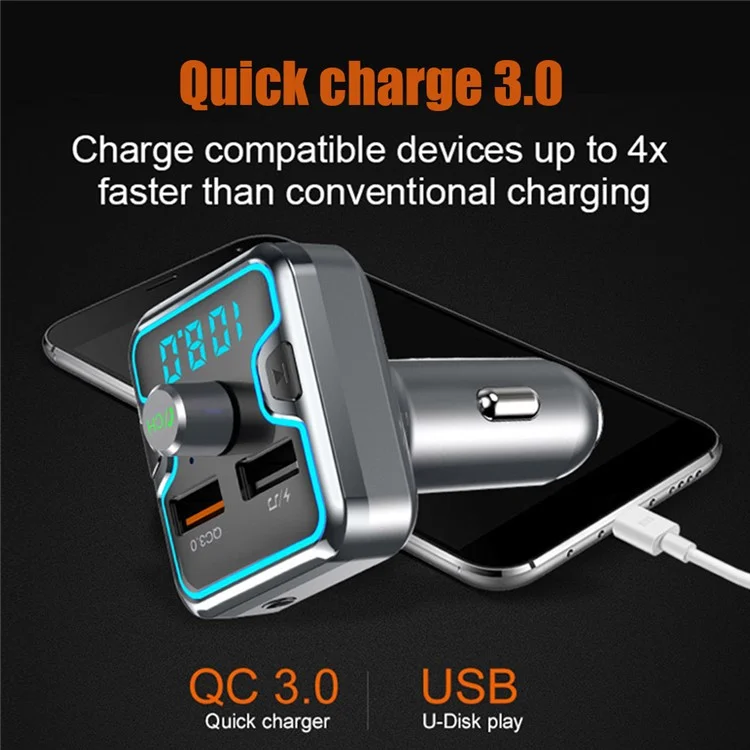 T45Q Bluetooth-compatible 5.0 FM Transmitter Car Kit Modulator QC3.0 Phone Fast Charger with Dual USB Port Support Hands-Free/MP3 Player