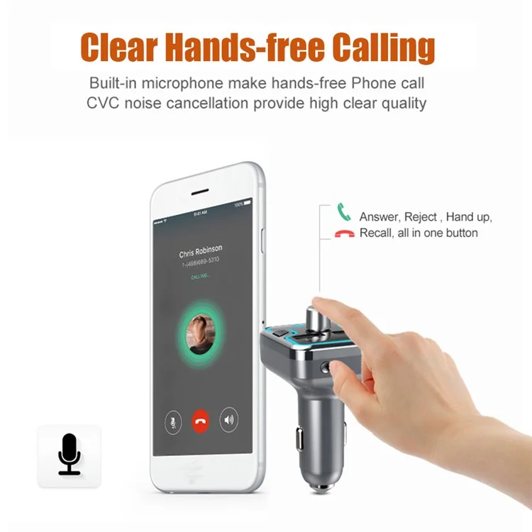T45Q Bluetooth-compatible 5.0 FM Transmitter Car Kit Modulator QC3.0 Phone Fast Charger with Dual USB Port Support Hands-Free/MP3 Player