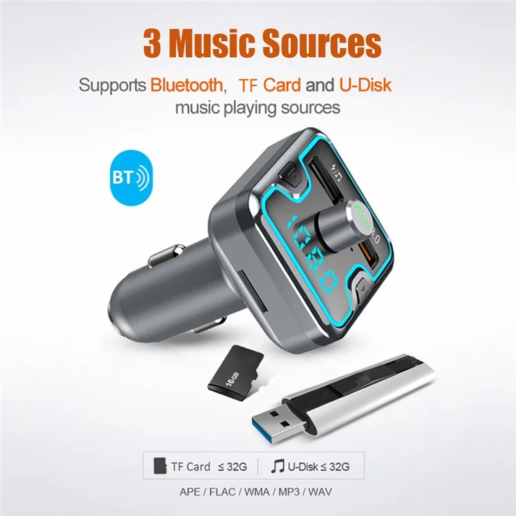 T45Q Bluetooth 5.0 FM Transmitter Car Kit Modulator QC3.0 Phone Fast Charger with Dual USB Port Support Hands-Free/MP3 Player