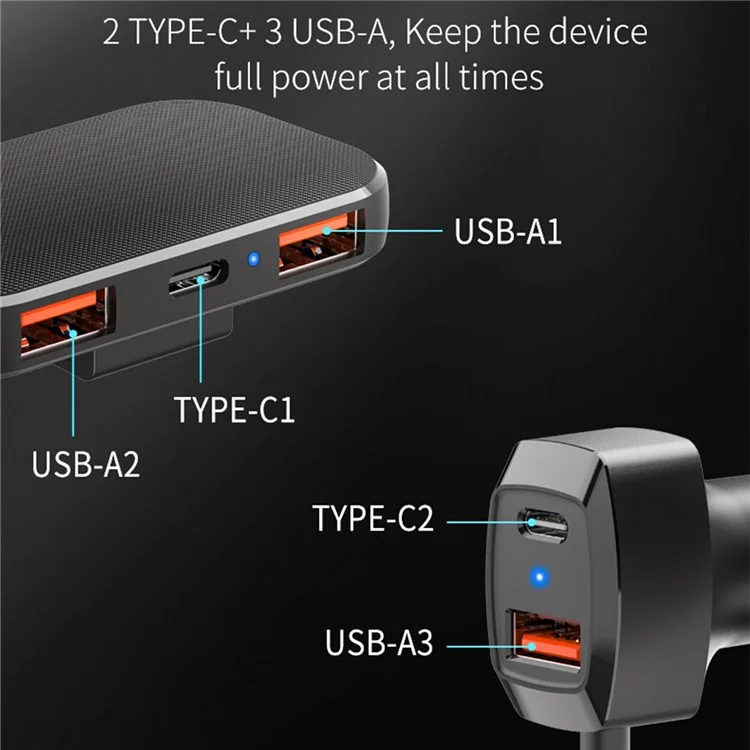 SC02M 5 Ports USB+Type-C Fast Charging Adapter Back Clip Design Car Charger with Extension Cord