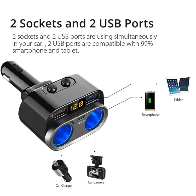C47PQ Voltage Detection PD 20W Type-C + QC3.0 + 2.4A USB + 2 Cigarette Lighter Sockets Car Charger Power Adapter