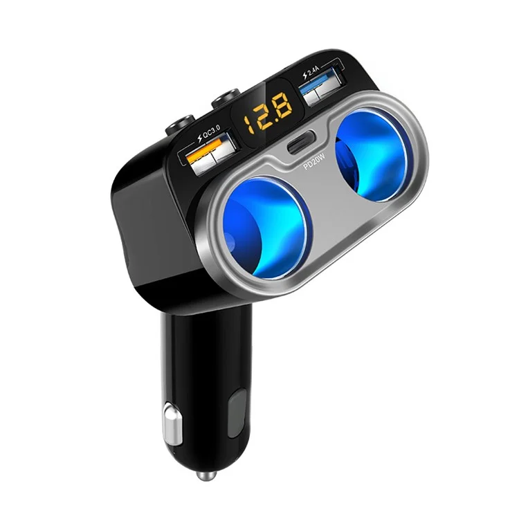 C47PQ Voltage Detection PD 20W Type-C + QC3.0 + 2.4A USB + 2 Cigarette Lighter Sockets Car Charger Power Adapter