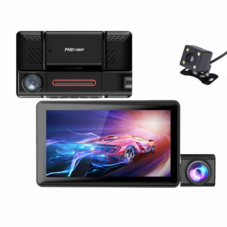 H208 Telecamera per auto con schermo IPS da 4" 2.5D, 3 obiettivi, Full HD 1080P, registratore video per auto con angolo di visione di 120 gradi 