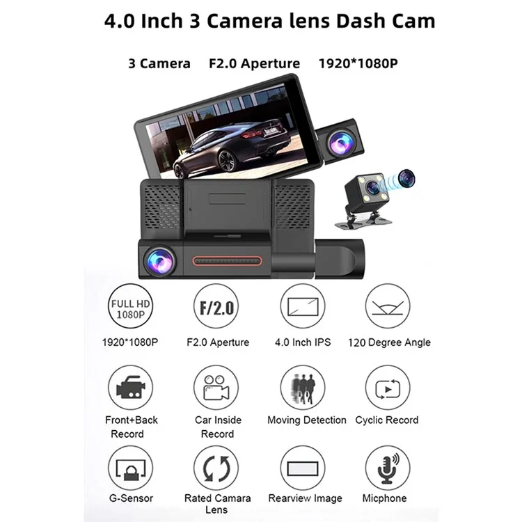 H208 Telecamera per auto con schermo IPS da 4" 2.5D, 3 obiettivi, Full HD 1080P, registratore video per auto con angolo di visione di 120 gradi 