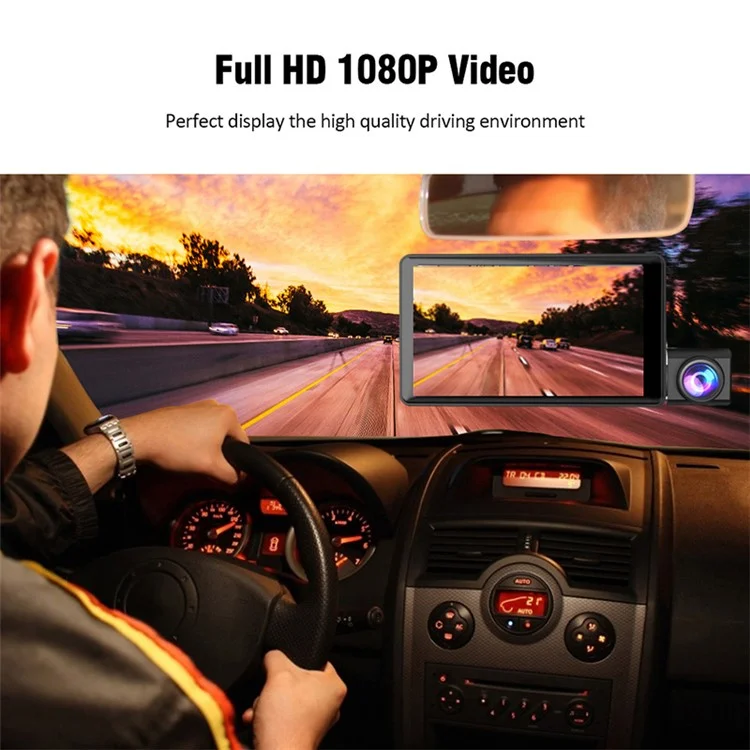 H208 Telecamera per auto con schermo IPS da 4" 2.5D, 3 obiettivi, Full HD 1080P, registratore video per auto con angolo di visione di 120 gradi 