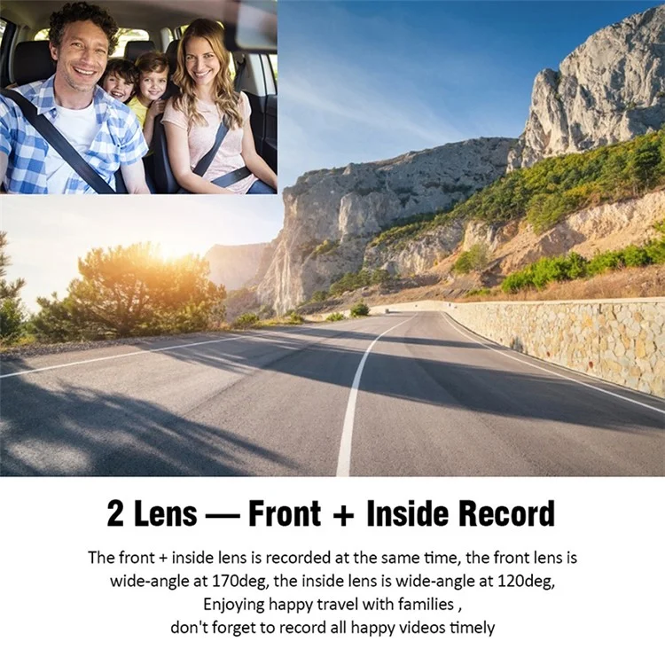 H208 Telecamera per auto con schermo IPS da 4" 2.5D, 3 obiettivi, Full HD 1080P, registratore video per auto con angolo di visione di 120 gradi 