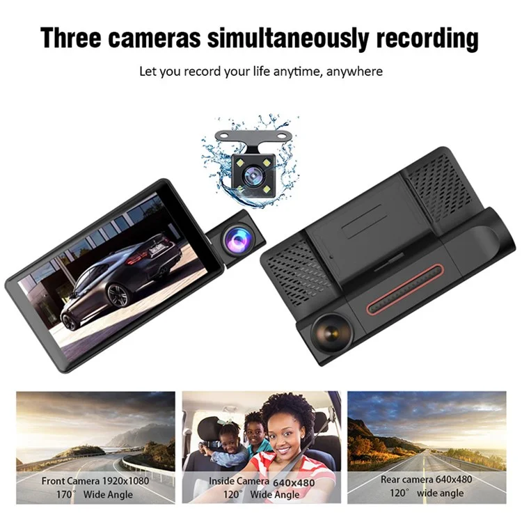 H208 Telecamera per auto con schermo IPS da 4" 2.5D, 3 obiettivi, Full HD 1080P, registratore video per auto con angolo di visione di 120 gradi 