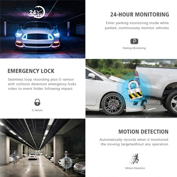 H208 Telecamera per auto con schermo IPS da 4" 2.5D, 3 obiettivi, Full HD 1080P, registratore video per auto con angolo di visione di 120 gradi 