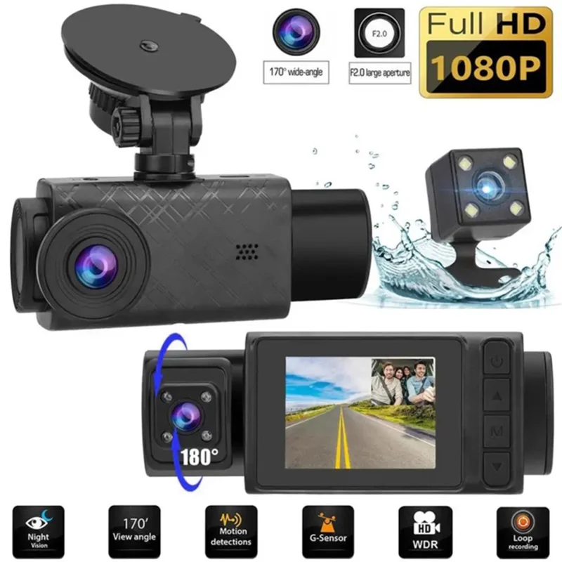 G12 1080P DVR Dash Camera Front / Inside / Rear Camera 2 Inch Screen Night Vision Driving Recorder