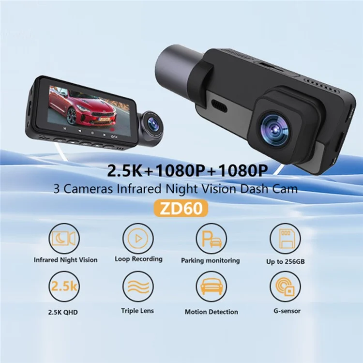 Bepocam ZD60 HD Vision Night Vision Car DVR Dash Cam Double Lens Caméra de Voiture, Avant et Intérieur