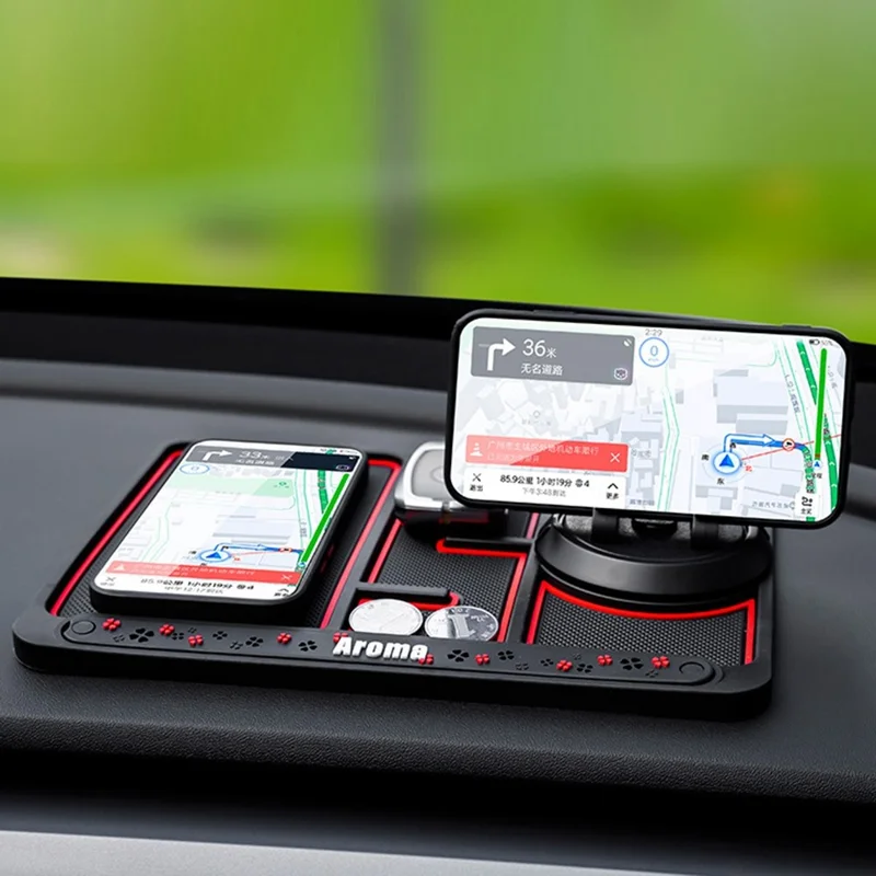 BAVISS B-28 4 in 1 Anti-Slip Dashboard Mat Phone Holder with Aromatherapy Slot/Car Temporary Parking Card Phone Number, Shake-proof Pad Phone Mount for Cars - Red