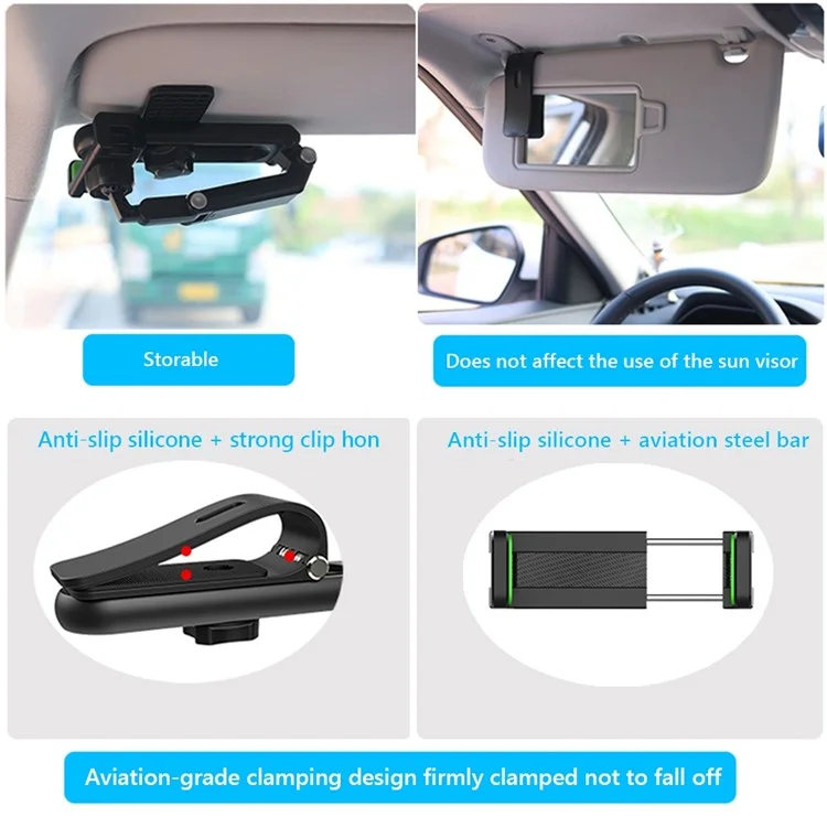 py-06 Car Phone Holder for Sun Visor 1080 Degree Rotatable Foldable Dashboard Phone Holder Adjustable Spring Clip Car Cell Phone Stand - Green