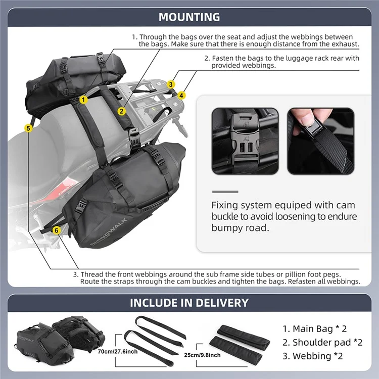 RHINOWALK MT1418 1 Coppia Borsa Laterale per Moto in Poliestere Impermeabile per Sedile Posteriore (XL)