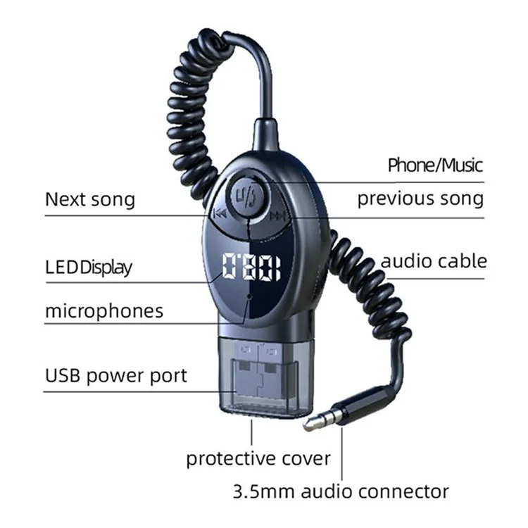 W8 Autoradio-Adapter Bluetooth Empfänger FM Sender mit teleskopischem Kabel