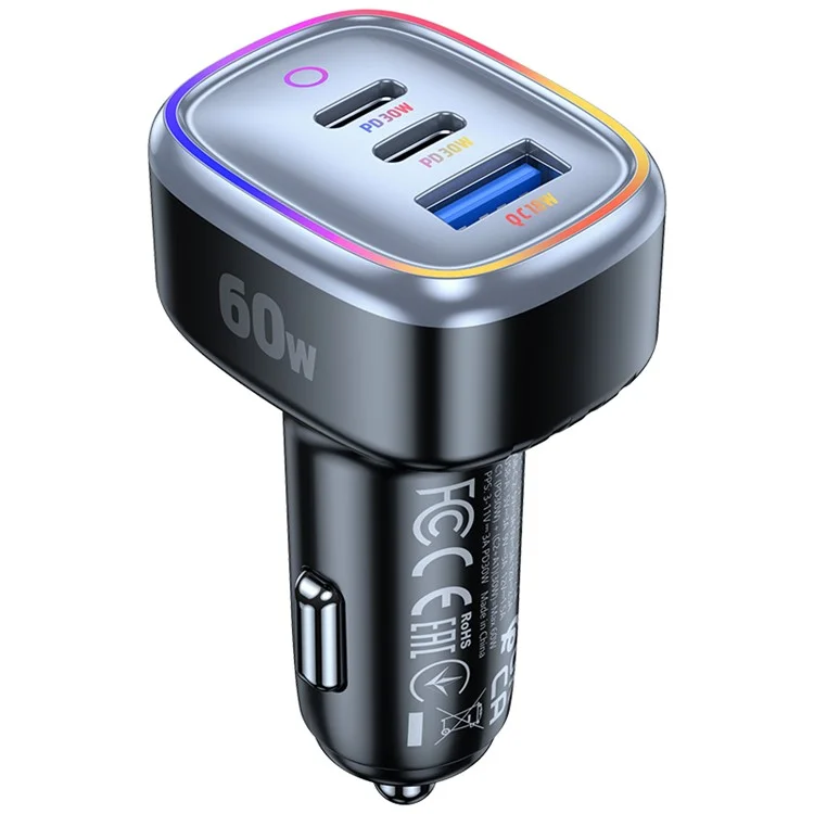 C08 60W USB + Doppio caricabatterie per auto USB-C Luce ambiente Cool Phone Fast Charging Adattatore di alimentazione