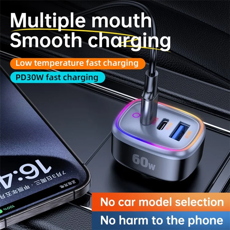 C08 60W USB + Doppio caricabatterie per auto USB-C Luce ambiente Cool Phone Fast Charging Adattatore di alimentazione