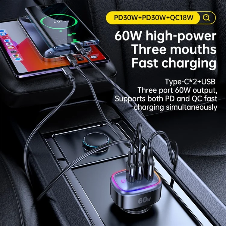 C08 60W USB + Doppio caricabatterie per auto USB-C Luce ambiente Cool Phone Fast Charging Adattatore di alimentazione