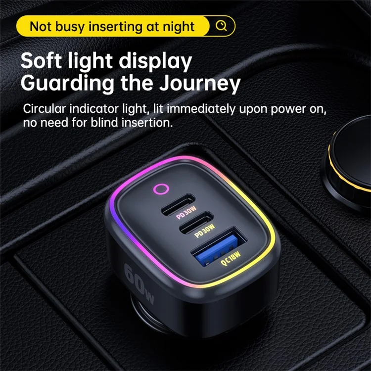 C08 60W USB + Doppio caricabatterie per auto USB-C Luce ambiente Cool Phone Fast Charging Adattatore di alimentazione