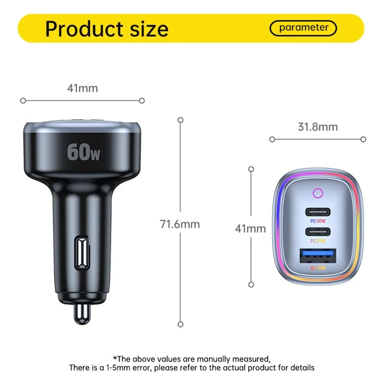 C08 60W USB + Doppio caricabatterie per auto USB-C Luce ambiente Cool Phone Fast Charging Adattatore di alimentazione