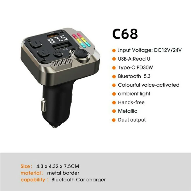 C68 Bluetooth-compatible FM Transmitter Car Adapter PD 30W Dual Port Car Charger Music Player Hands-Free Call