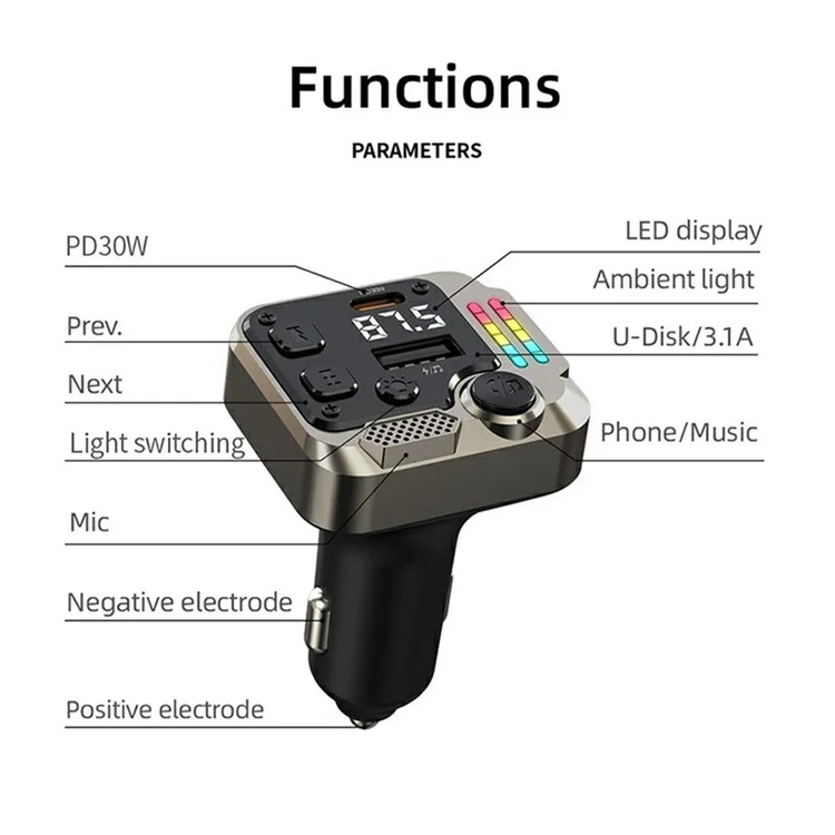 C68 Bluetooth-compatible FM Transmitter Car Adapter PD 30W Dual Port Car Charger Music Player Hands-Free Call