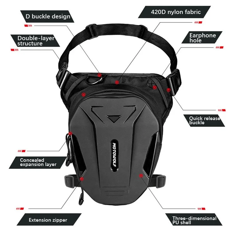 MOTOWOLF MDL0718 Outdoor Expandable PU Shell Motorrad Drop Leg Bag mit Kopfhöreranschluss