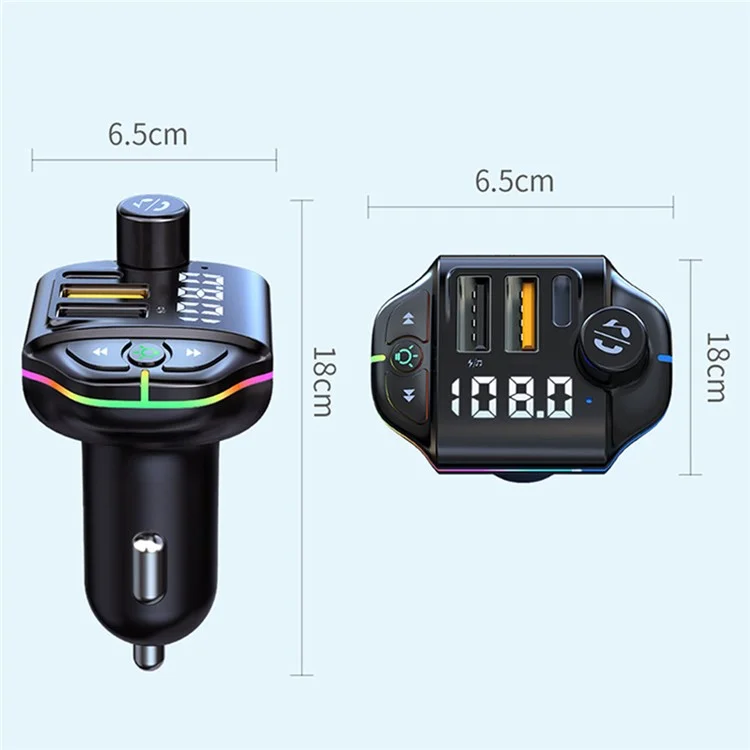 ZTB-A10 Bluetooth-compatible 5.0 FM Transmitter Hands-free Call Car MP3 Music Player Colorful Light Type-C + Dual USB Car Charger