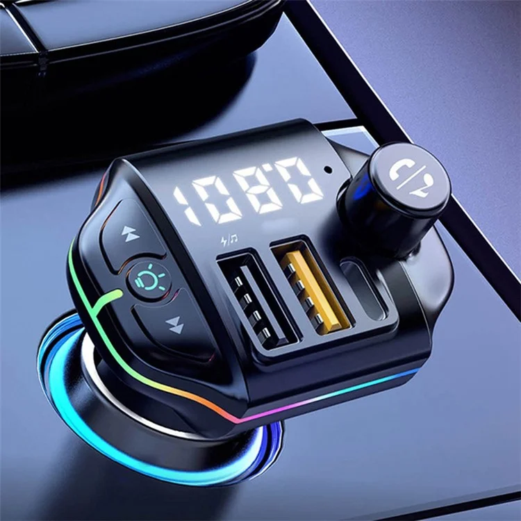 ZTB-A10 Bluetooth-compatible 5.0 FM Transmitter Hands-free Call Car MP3 Music Player Colorful Light Type-C + Dual USB Car Charger