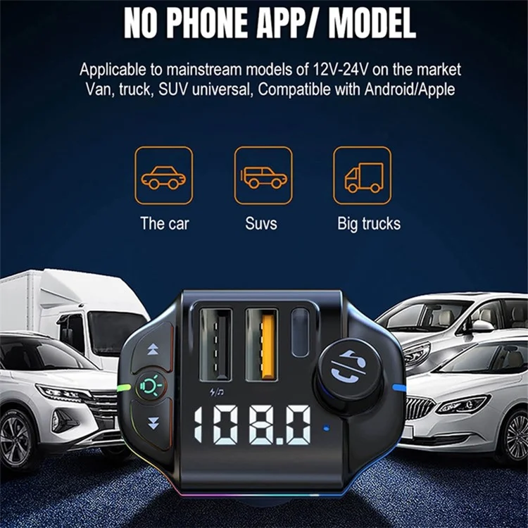 ZTB-A10 Bluetooth-compatible 5.0 FM Transmitter Hands-free Call Car MP3 Music Player Colorful Light Type-C + Dual USB Car Charger