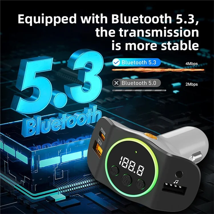 Caricabatterie per auto C8 con doppia porta USB, ricevitore Bluetooth 5.3, vivavoce e porta AUX - Nero
