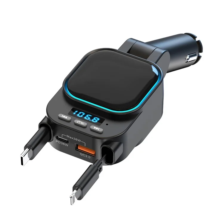 BC97 Kfz-Bluetooth-MP3-Sender 96W Schnellladegerät mit ausziehbaren Typ-C + iP-Kabeln