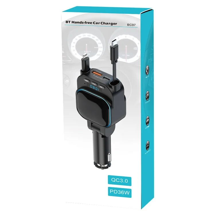 BC97 Kfz-Bluetooth-MP3-Sender 96W Schnellladegerät mit ausziehbaren Typ-C + iP-Kabeln