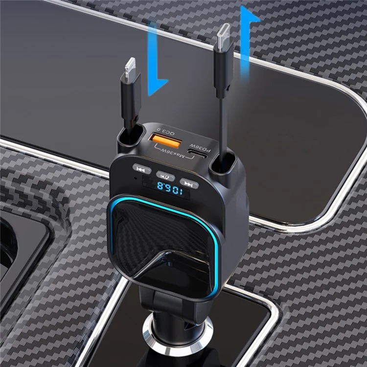 BC97 Kfz-Bluetooth-MP3-Sender 96W Schnellladegerät mit ausziehbaren Typ-C + iP-Kabeln