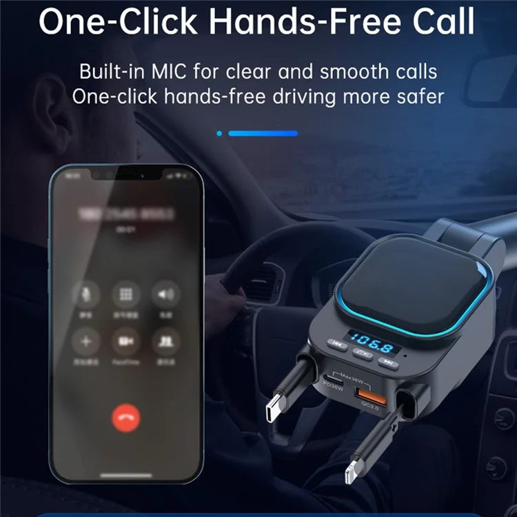 BC97 Kfz-Bluetooth-MP3-Sender 96W Schnellladegerät mit ausziehbaren Typ-C + iP-Kabeln