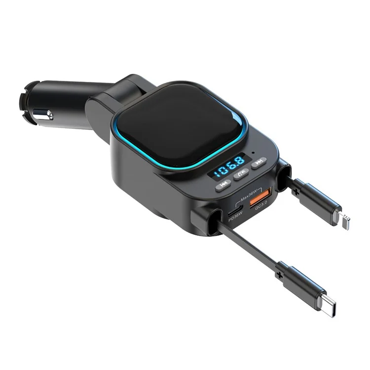 BC97 Kfz-Bluetooth-MP3-Sender 96W Schnellladegerät mit ausziehbaren Typ-C + iP-Kabeln