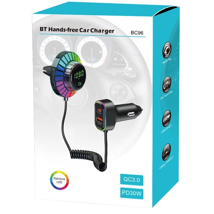 BC96 Bluetooth-compatible Receiver MP3 Player Cigarette Lighter Car Charger with Light and 1.5m Spring Wire