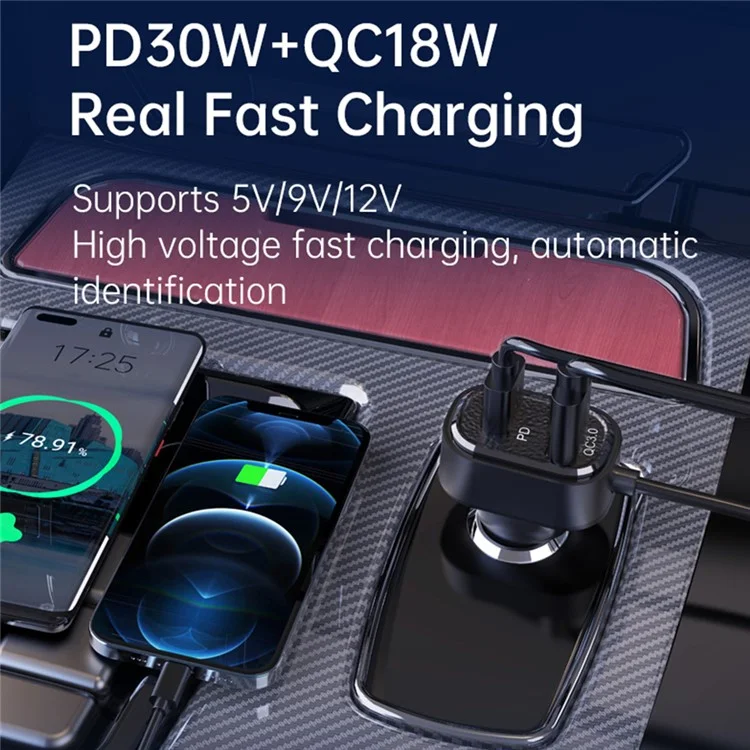 BC96 Bluetooth-compatible Receiver MP3 Player Cigarette Lighter Car Charger with Light and 1.5m Spring Wire