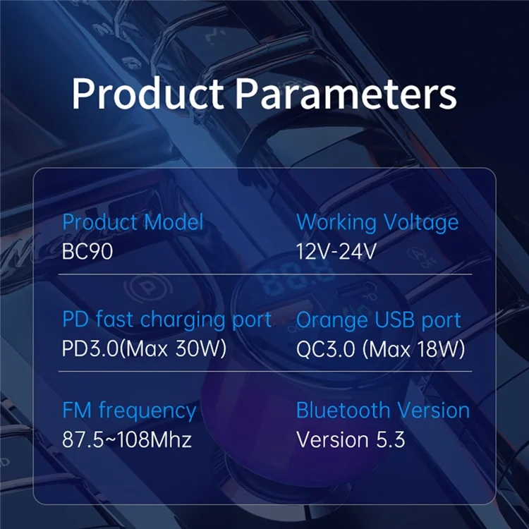 BC90 Car FM MP3 Player Bluetooth Transmitter PD 30W + QC 18W Fast Charging Charger with Ambient Light

Trasmettitore FM MP3 per auto BC90 con Bluetooth, caricatore PD da 30W + caricatore QC da 18W con ricarica rapida e luce ambiente