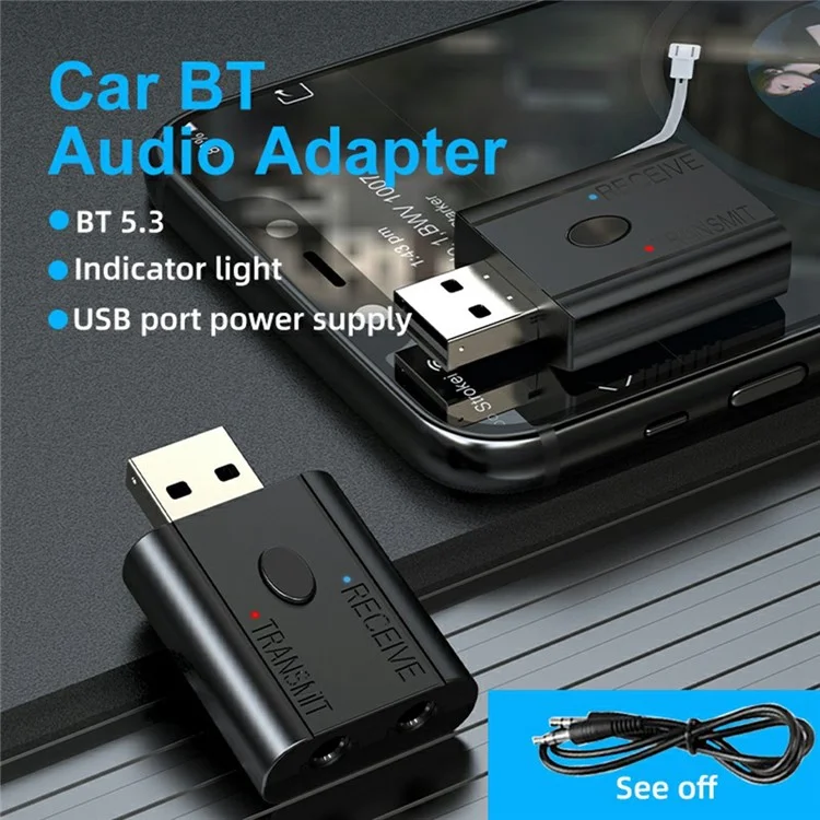 Transmisor receptor de audio para coche Bluetooth 5.3 W12 2 en 1 con adaptador AUX y conector USB