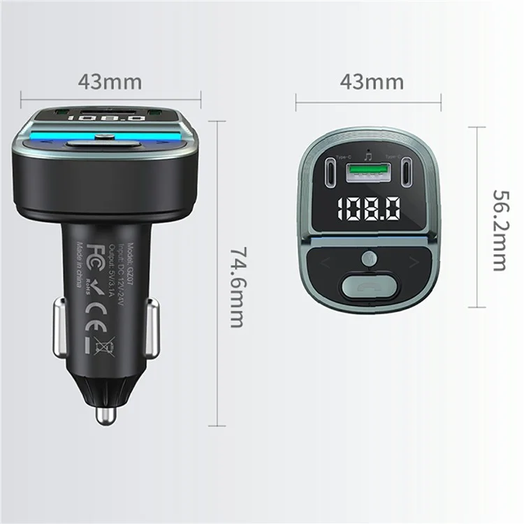 GZ07 Cargador de coche Bluetooth con pantalla de voltaje, reproductor MP3 y adaptador de carga doble con puertos Tipo-C + USB