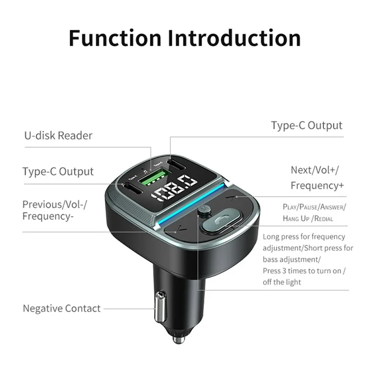 GZ07 Cargador de coche Bluetooth con pantalla de voltaje, reproductor MP3 y adaptador de carga doble con puertos Tipo-C + USB