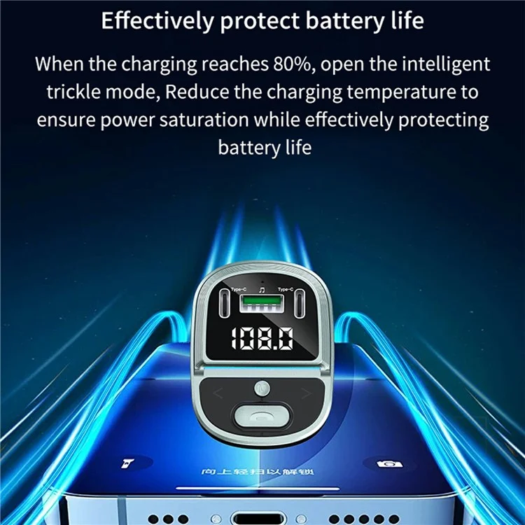 GZ07 Cargador de coche Bluetooth con pantalla de voltaje, reproductor MP3 y adaptador de carga doble con puertos Tipo-C + USB