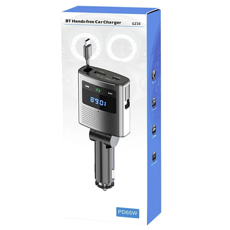 GZ16 Car Voltage Display Charger Bluetooth-Compatible MP3 Player with Retraction Type-C Cable